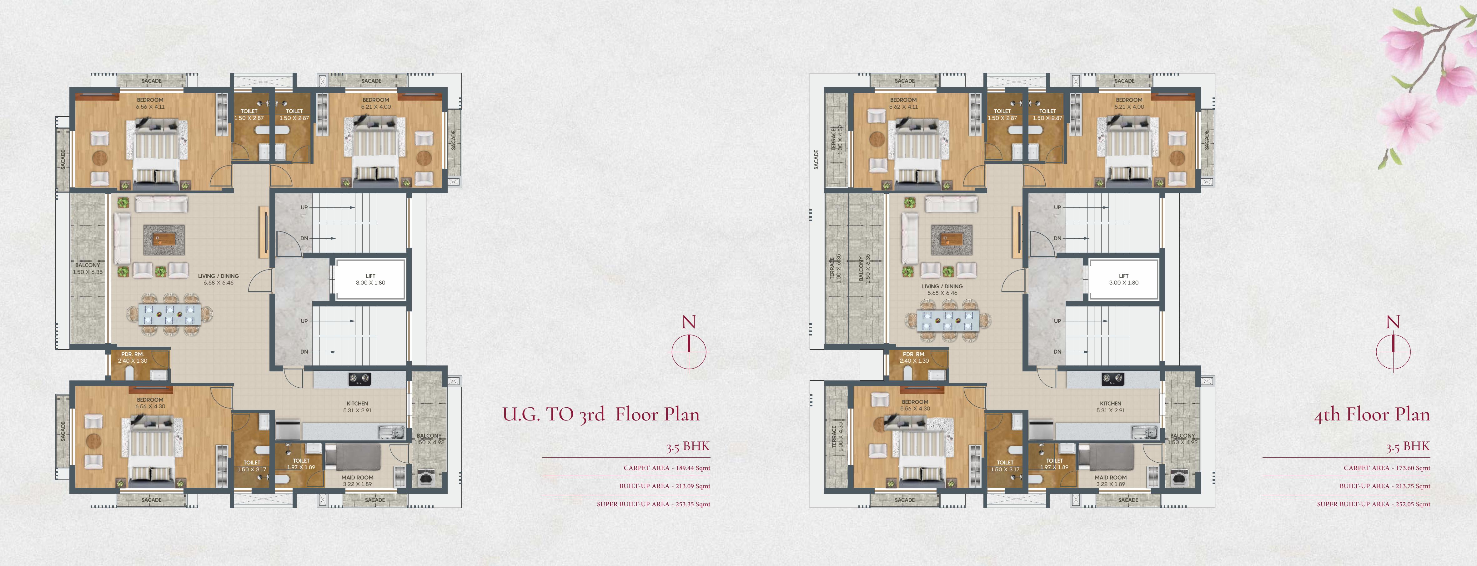UG to 3rd Floor Plan — 3.5 BHK